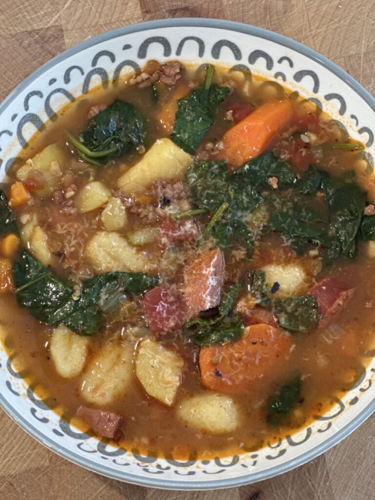 Saucy and Brothy Sausage and Lentil Soup with Gnocchi and Spinach